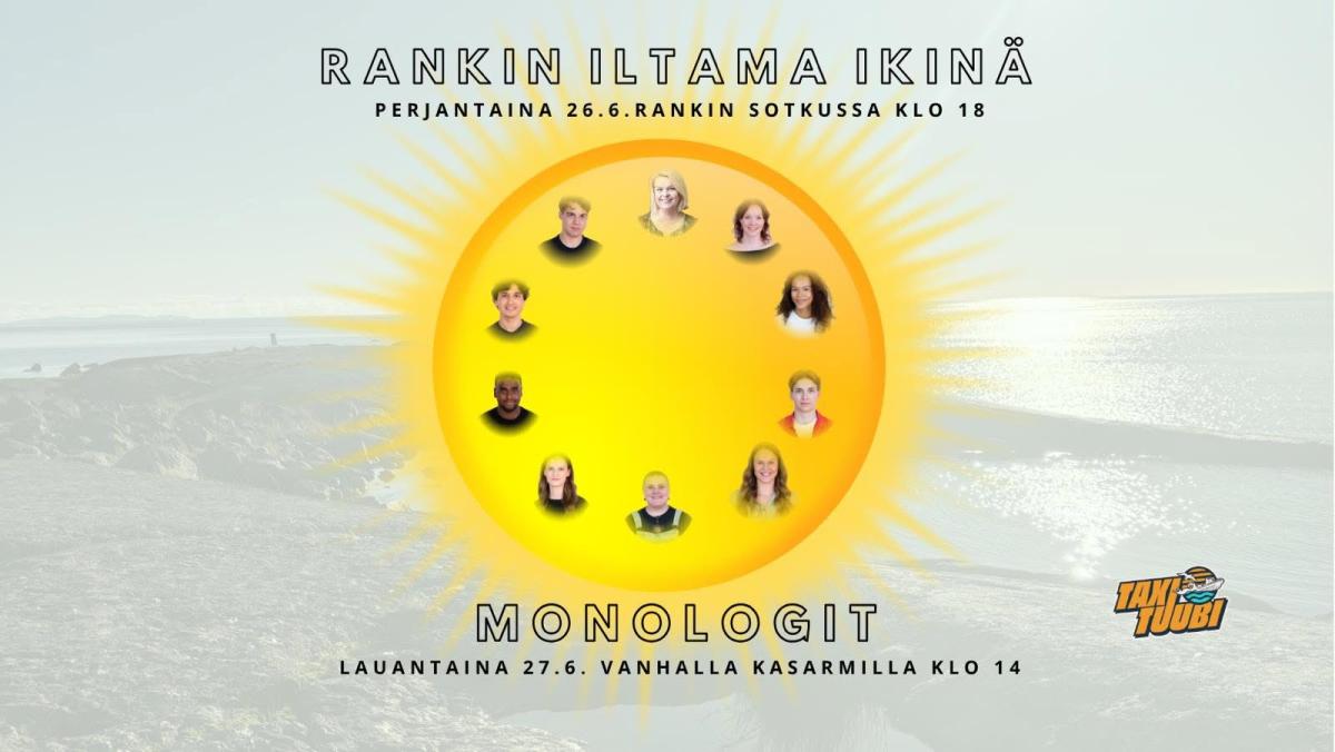 Taustalla himmeä kuva, jossa kalliota ja merta. Keskellä piirretty aurinko, jonka sisällä ihmisten kasvokuvia. Lisäksi tekstiä.